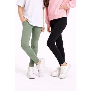 Emma & Elsa Girls Sage Green & Black Leggings Set 6/6X Cotton Stretch 2 Pack